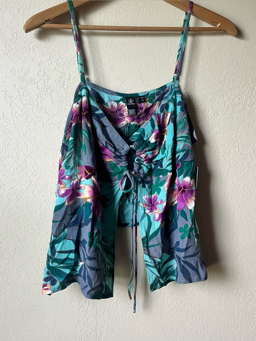 Volcom  Teal Floral Tie-Front Spaghetti Strap Top - new with tags